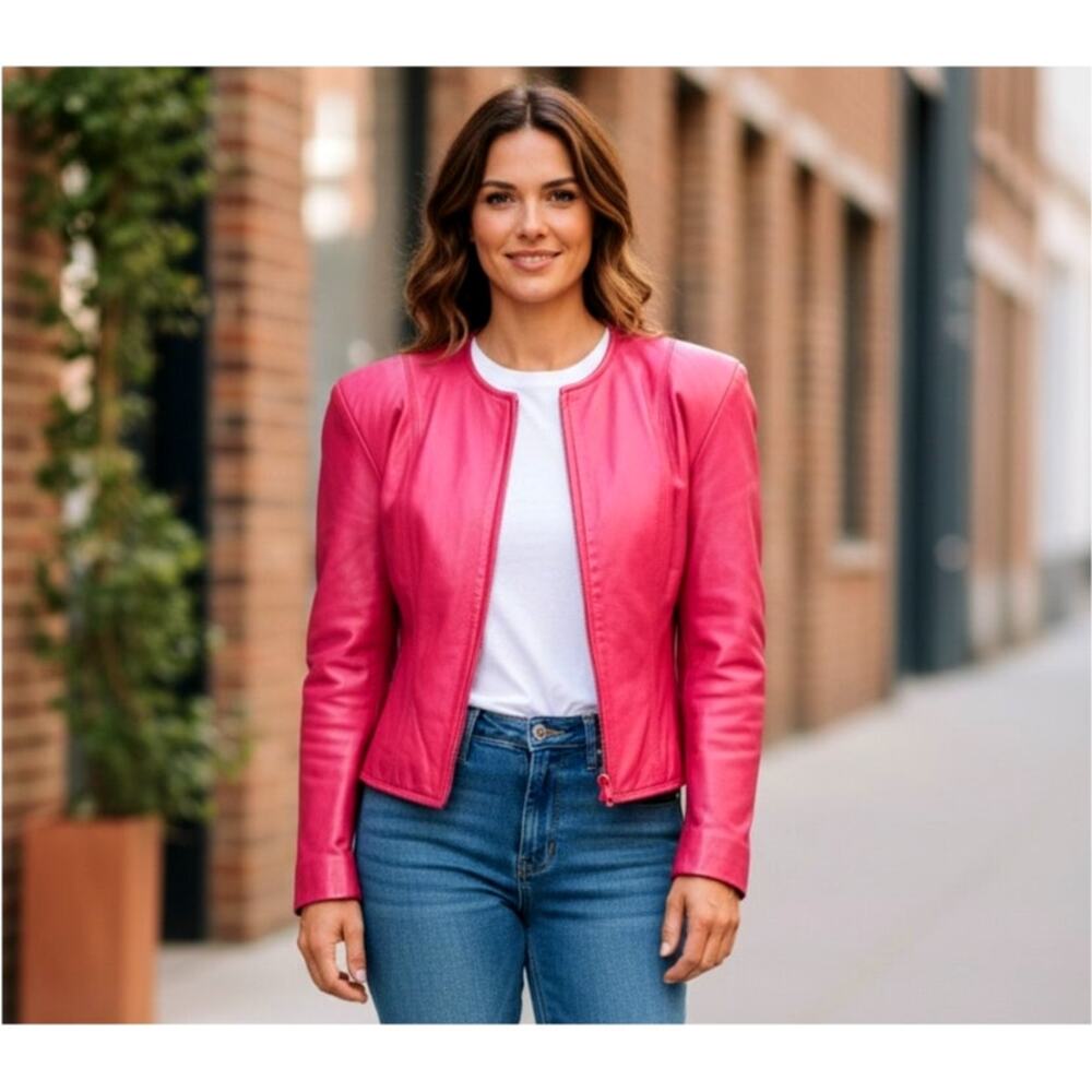 VAKKO Vintage Pink Soft Leather Jacket Size 8 Made in USA zipper Closure
